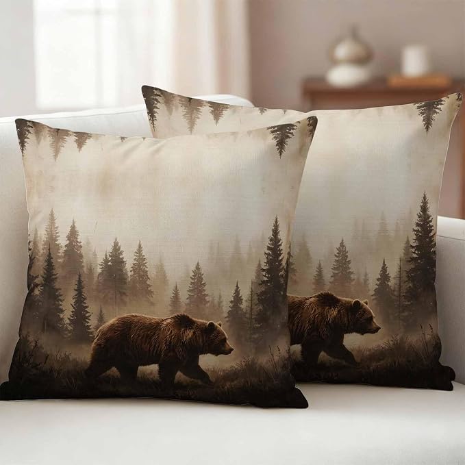 Yukro Nature Landscape Outdoor Waterproof Pillow Covers Pack of 2, Rustic Brown Bear Misty Forest Pine Tree Throw Pillowcases Decorative Cushion Covers for Garden Patio Tent Sofa Couch, 26x26 inch