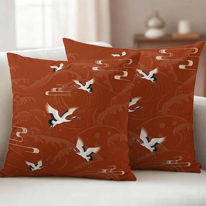 Japanese Style Outdoor Pillow Covers 16x16 Inch Throw Pillow Covers Set of 2 Waterproof Decorative Pillow Cases Vintage Art Cranes Ocean Wave Red Cushion Covers for Patio Furniture Garden Couch Sofa