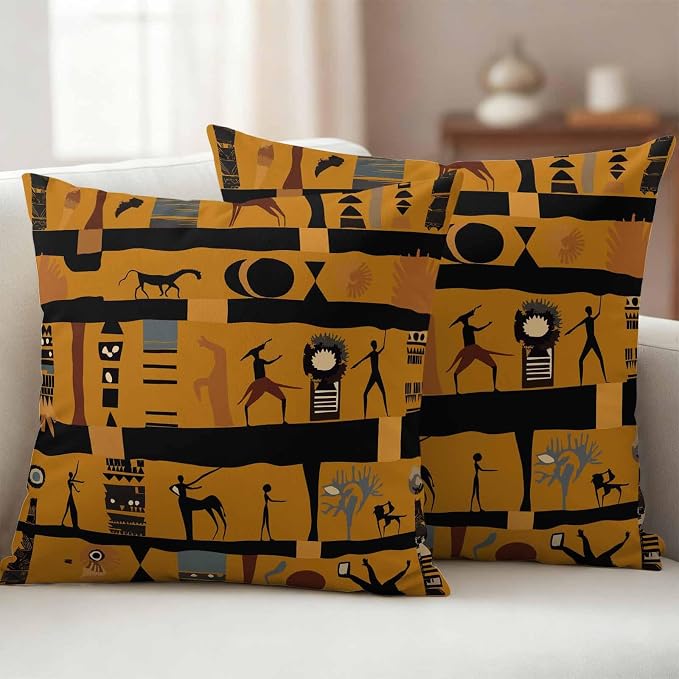 Outdoor Pillow Covers Waterproof, African Ethnic Decorative Square Throw Pillowcases Patio Cushion Covers for Tent/Garden, 18" x 18" 2 Pack, Vintage Ethnic Tribes Richness Brown