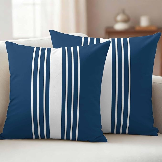 Navy Blue White Stripe Outdoor Pillow Covers 24x24 Inch Throw Pillow Covers Set of 2 Waterproof Decorative Pillow Cases Modern Rustic Vertical Striped Cushion Covers for Patio Furniture Garden Couch