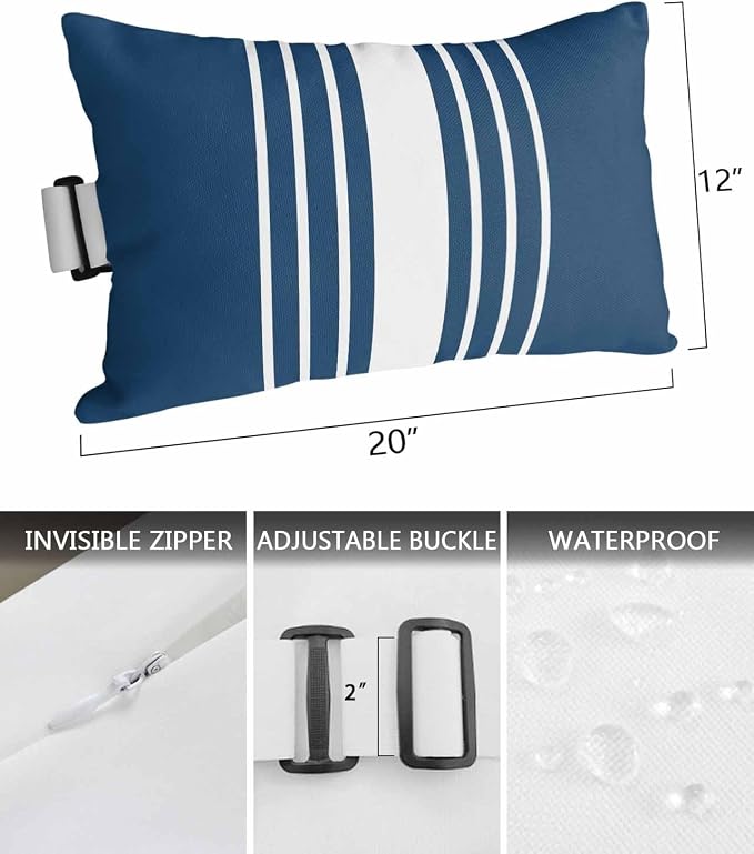Pack of 2 Outdoor Lumbar Pillow Covers 12x20 Inch, Navy Blue White Stripe Waterproof Throw Pillow Covers Set, Modern Rustic Vertical Striped Indoor&Outdoor Cushion Cases for Patio Porch Beach
