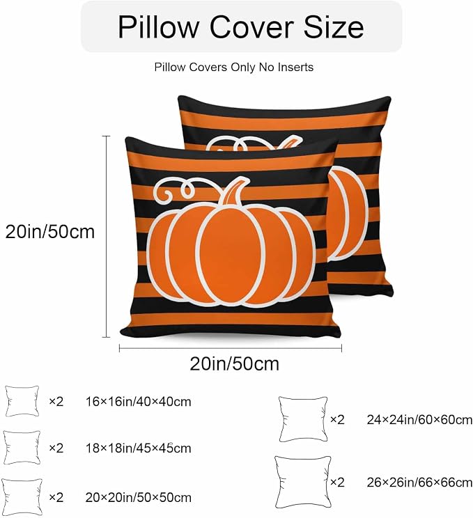 Orange Pumpkins Outdoor Waterproof Pillow Covers, Autumn Black Stripes Farmhouse Decorative Square Throw Pillowcase Sofa Cushion Sham for Patio/Couch/Chair, 26"x26" 2 Pack