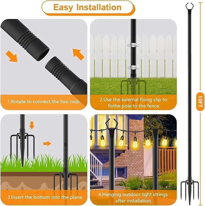 LETIANPAI 10 Pack String Light Poles,10 Ft Metal Poles with Fork for Outdoor String Lights,Outdoor Light Poles with Fork,Poles/Post/Stand for Outside