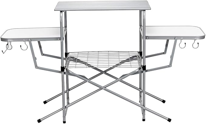 GYMAX Aluminum Folding Camping Table, Outdoor Grill Table with Side Table, Hooks & Carry Bag, Heavy Duty Picnic Table for Outdoor Backyard, Beach RVing Barbecue (Silver)