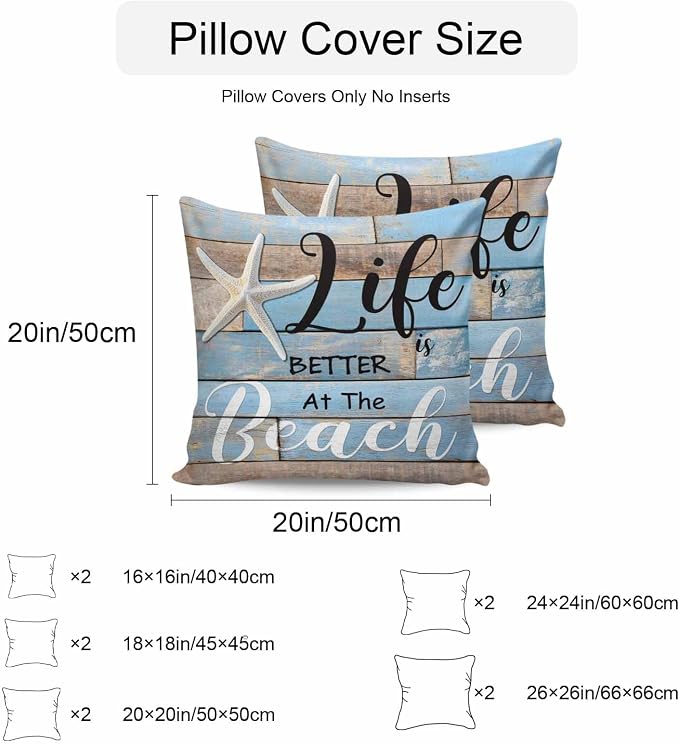 Summer Outdoor Pillow Covers Set of 2,Ocean Life Texts Starfish Decorative Waterproof Throw Pillow Case,Retro Blue Wood Plank Cushion Pillowcases for Couch Garden Patio Beach,16x16In
