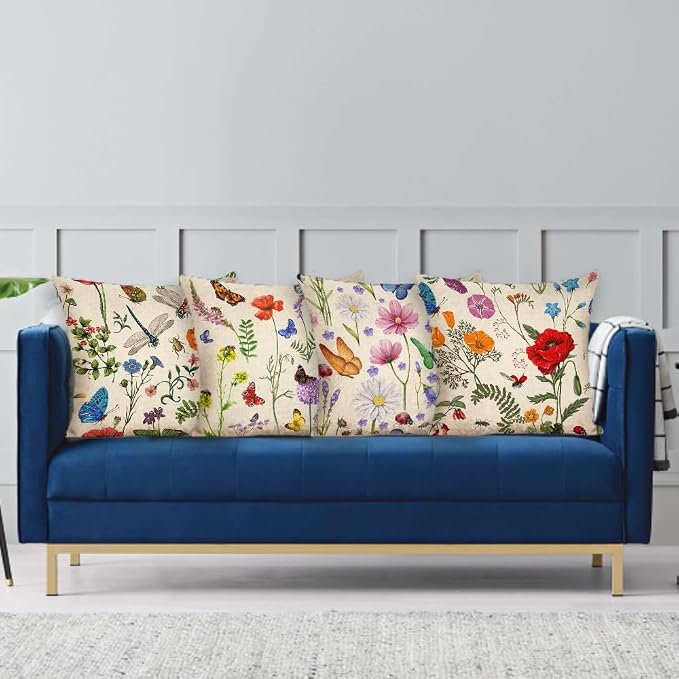 Outdoor Pillows Waterproof Spring Summer Pillow Covers 18x18 Inch Set of 4 Floral Farmhouse Throw Pillows Decorative Cushion Cases for Outdoor Couch Sofa Patio Furniture Home Decoration