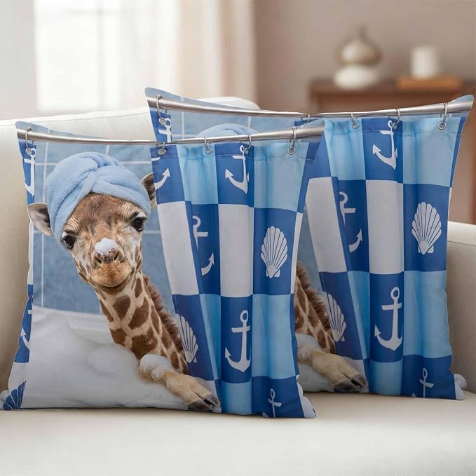 Bathing Giraffe Waterproof Outdoor Pillow Covers Set of 2 Home Decor, Funny Animal Showering Pillowcase Patio Pillow Covers for Couch Bench Patio Furniture Garden 16x16in