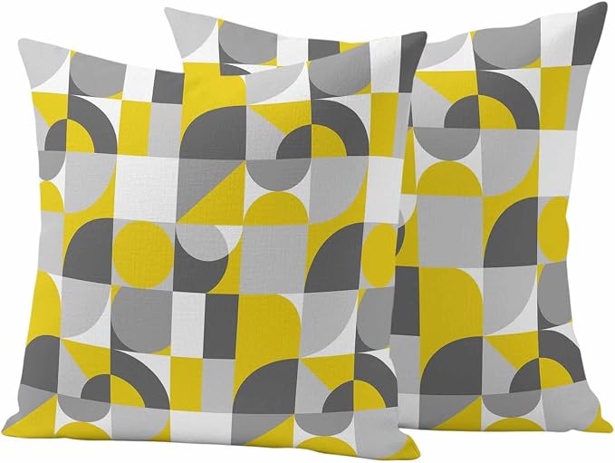 Mid Century Outdoor Waterproof Throw Pillow Covers Set of 2, 18"x18", Yellow Grey Abstract Retro Geometric Modern Decorative Pillow Covers Outside Cushion Case for Patio Porch Garden