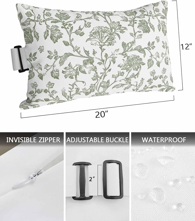 Pack of 4 Outdoor Lumbar Pillow Covers 12x20 Inch, Sage Green Flower Waterproof Throw Pillow Covers Set, Vintage Farmhouse Boho Leaf Spring Indoor&Outdoor Cushion Cases for Patio Porch Beach