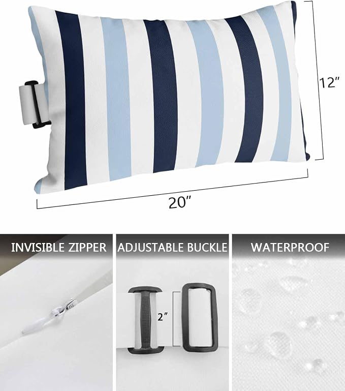 Pack of 2 Outdoor Lumbar Pillow Covers 12x20 Inch, Navy Blue Aqua Striped Waterproof Throw Pillow Covers Set, Farmhouse Stripe Art Indoor&Outdoor Decorative Cushion Cases for Patio Porch Beach