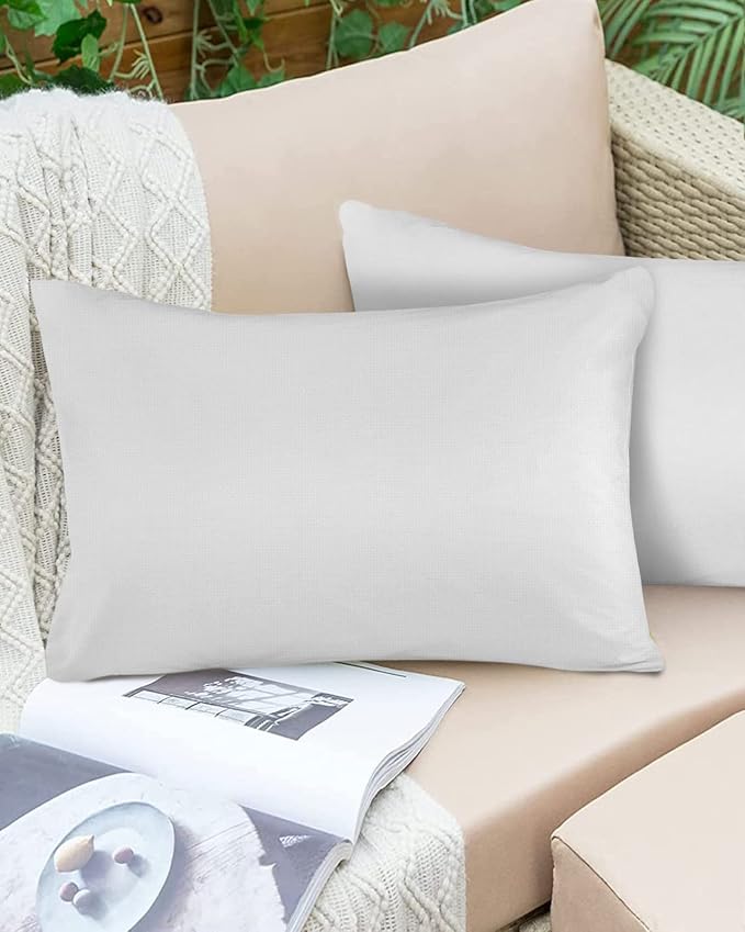 White Lumbar Pillow Covers 12 x 20 Inches, Modern Simple White Backdrop Waterproof Throw Pillow Cover Set of 2, Home Decorative Rectangle Cushion Covers for Patio/Tent/Couch/Garden