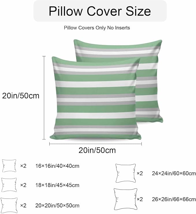 Green Grey Stripe Outdoor Pillow Covers Waterproof, All Weather Cushion Case Set of 2, Minimalist Farmhouse Striped Decorative Pillowcases for Sofa Couch Bed Decor Patio Furniture 18"x18"
