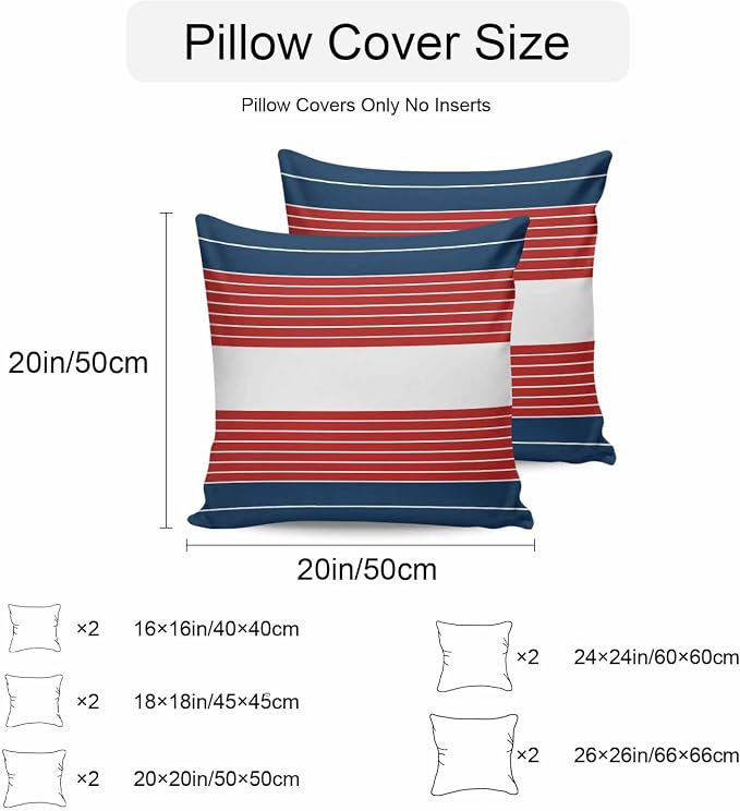 Navy Blue Red Stripe Outdoor Pillow Covers Waterproof, All Weather Cushion Case Set of 2, Modern Art Horizontal Striped Decorative Pillowcases for Sofa Couch Bed Decor Patio Furniture 16"x16"