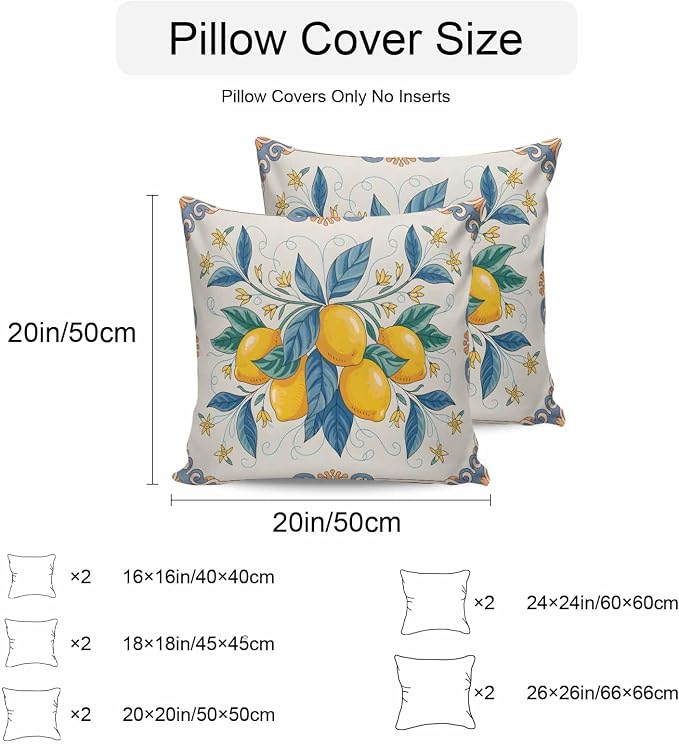 Throw Pillow Covers 20x20 Inch Set of 2, Yellow Blue Lemon Waterproof Outdoor Cushion Covers, Summer Botanical Farmhouse Decorative Pillowcases for Couch, Sofa, Bed, Garden, Patio
