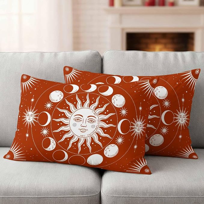 Celestial Sun and Moon Waterproof Outdoor Pillow Covers Set of 2 Home Decor, Burnt Orange Starry Galaxy Boho Lumbar Pillowcase Patio Pillow Covers for Couch Bench Patio Furniture Garden 20x12in