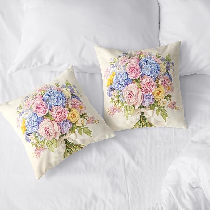 Spring Summer Floral Pillow Covers 24x24 Pink Rose Blue Hydrangea Throw Pillow Covers Exquisite Bouquet Pillow Case Flowers Cushion Case for Living Room Couch Sofa 2 Pack
