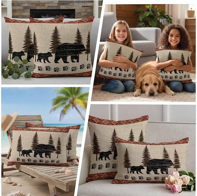 Bear Outdoor Waterproof Throw Pillow Covers 18 x 18 Inches Set of 2 Pine Forest Nature Bear Nature Vintage Boho Decorative Cushion Cover Pillowcase for Garden Patio Tent Beach Livingroom Sofa Couch