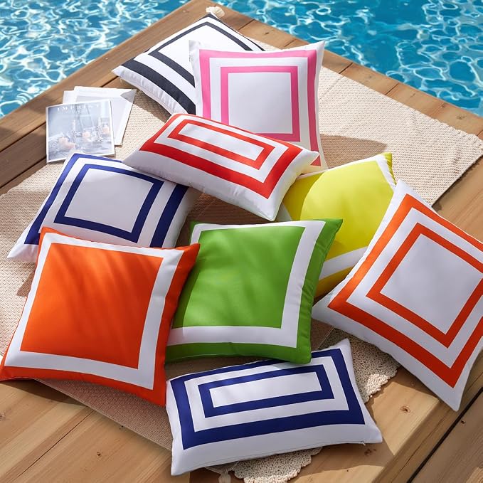 JOJOGOGO White Outdoor Lumbar Pillow Covers Waterproof 12x20 Set of 2, White and Black Decorative Outdoor Waterproof Boho Pillows 12 x 20 for Patio Furniture Farmhouse (Black Border)