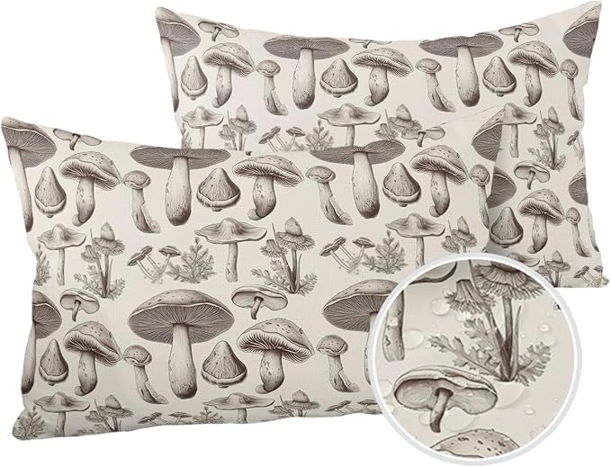 Outdoor Waterproof Throw Pillows Retro Mushroom Vintage Botanical Patio Pillows Pack of 2,Decorative Pillow Covers with Insert,Pillow Cushion Case for Garden Couch Sofa Aesthetic Plant Leaves