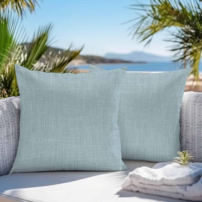 Vandarllin Outdoor Throw Pillows Covers 24x24 inch Set of 2 Waterproof Blue Linen Decorative Zippered Cushion Covers for Patio Furniture, Farmhouse Pure Color Lumbar Pillowcases