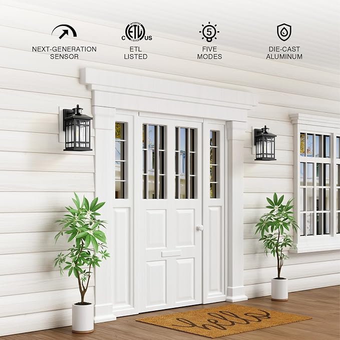 Distance-Adjustable Outdoor Lights for House, Modern Black Motion Sensor Outdoor Light with Gold Trim, Waterproof Dusk to Dawn Exterior Lighting Fixtures, Anti-Rust Outdoor Lanterns for Porch, Garage