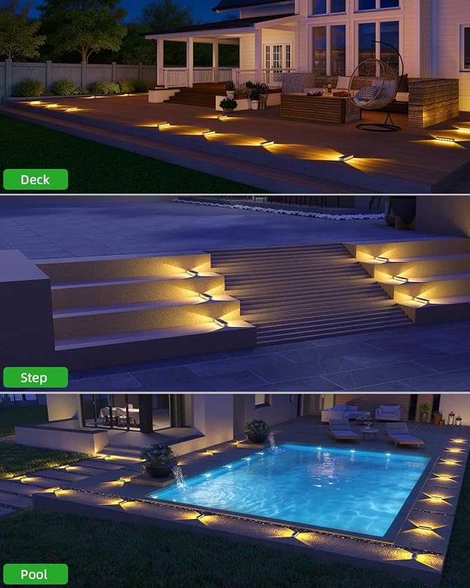 DetarZinLED Solar Step Lights for Outside 2 Pack, 12 LEDs 2-Sided Illumination Solar Stair Lights Outdoor IP68 Waterproof,Auto On/Off Deck Lights Solar Powered for Patio,Yard,Path,Walkway (Warm White)