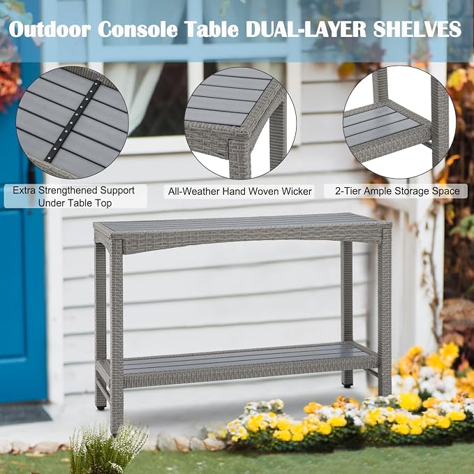 Outdoor Console Table Patio Buffet Bar Storage Organizer 45" Long Wicker Sofa Serving Sideboard Table 2-Shelf Outdoor Narrow Bar Table Tall Rectangle with Adjustable Feet for Entryway Grey
