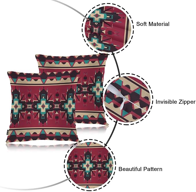 Swono Ethnic Geometric Decorative Throw Pillow Cushion Covers, Native American Style Aztec Pattern Cozy Pillowcase Home Decor Double-Sided Pillow Covers for Home Office Car 18x18 Set of 2, Red