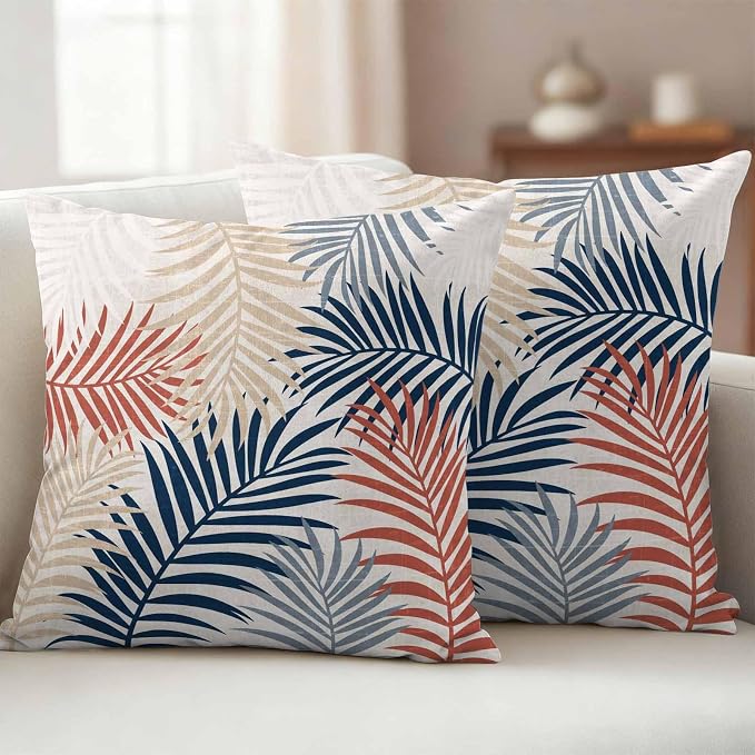 Outdoor Waterproof Throw Pillow Covers, Red Blue Yellow Palm Leaves Decorative Pillow Cases, Summer Botanical Tropical Leaf Couch Pillow Protector Patio Sofa Cushion Covers Replacement 24"x24" 2 Pack