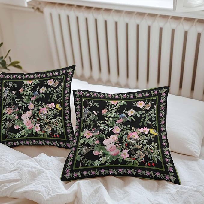 Vandarllin Outdoor Throw Pillows Covers 26x26 inch Set of 2 Waterproof Pink Floral Bird Decorative Zippered Cushion Covers for Patio Furniture, Green Leaves Branches Black Lumbar Pillowcases