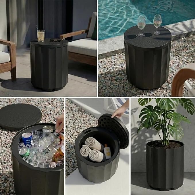 Outdoor Cooler Side Table, 2-in-1 Versatile Ice Cooler Table, Broad Fluted Outdoor Accent Table with Hangable Lid, All-Weather Resistant for Patio Decor, Deck, BBQ, Beach, Black