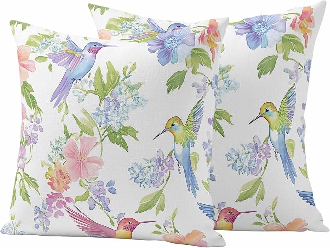 Spring Hummingbird Outdoor Waterproof Throw Pillow Covers Set of 2, 16"x16", Colorful Birds Floral Decorative Pillow Covers Outside Cushion Case for Patio Porch Garden