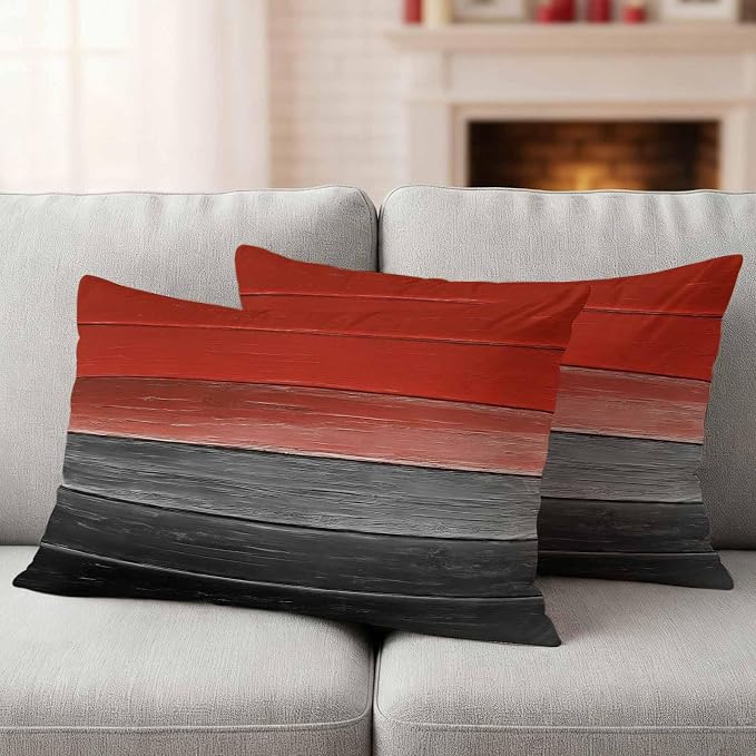 Red Gray Black Outdoor Pillow Covers 20x12 Inch Lumbar Pillow Covers Set of 2 Waterproof Decorative Throw Pillow Cases Vintage Country Gradient Wooden Grain Cushion Covers for Patio Furniture Garden