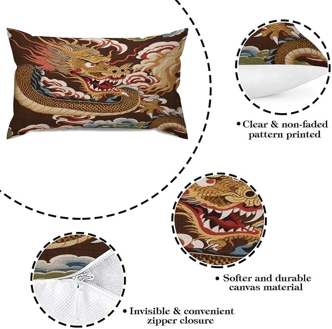 Set of 2 Chinese Oriental Style Asian Dragon Gold Cushion Cover Case with Zipper 12x20in Canvas Pillow Cover Rectangle Pillow Case for Couch Bed Car Pub Coffee Bar Living Room Decoration