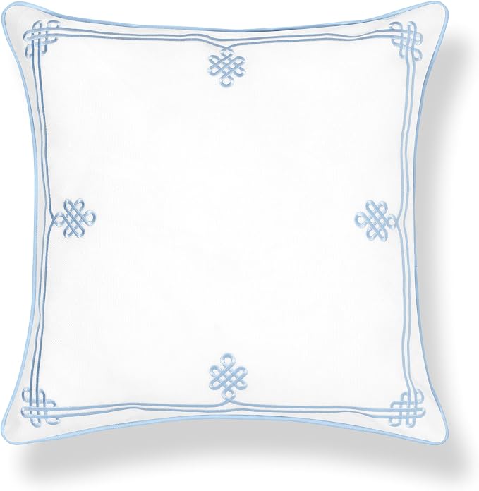 Hofdeco Premium Grandmillennial Coastal Hampton Patio Indoor Outdoor Throw Pillow Cover Only, 22"x22" Water Repellent for Backyard, Couch, Poolside, Baby Blue Embroidered Chinoise Lucky Knots