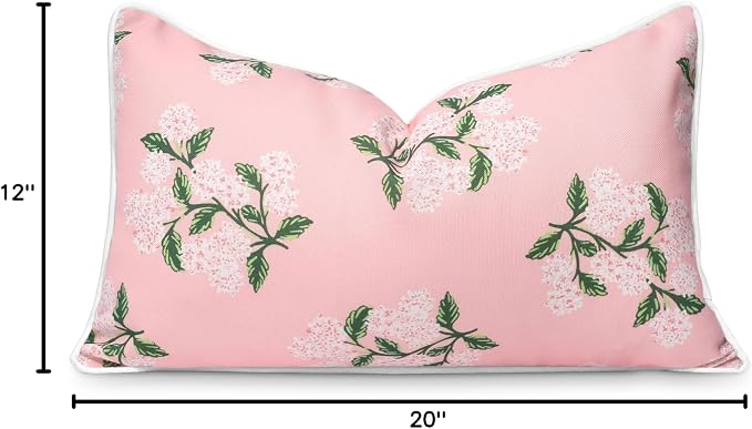 Hofdeco Premium Coastal Patio Indoor Outdoor Lumbar Pillow Cover Only, 12"x20" Water Repellent for Backyard, Couch, Blush Pink Print Hydrangea Flower