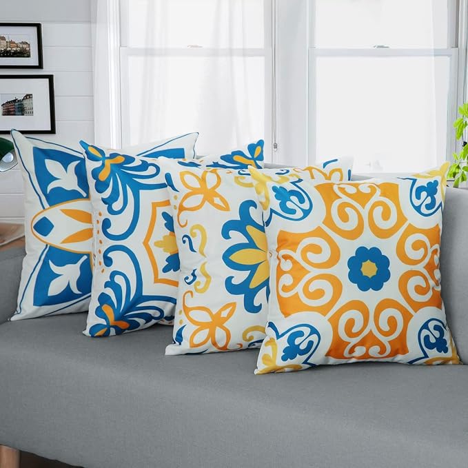 Pyonic Outdoor Pillow Covers 16x16 Spring Summer Garden Waterproof Throw Pillow Covers Cushion Case Patio Pillows for Couch Tent,Set of 4 Yellow