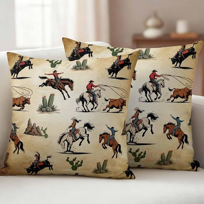 Western Cowboys Outdoor Pillow Covers Waterproof, All Weather Cushion Case Set of 2, Brown Vintage Country Cactus Decorative Pillowcases for Sofa Couch Bed Decor Patio Furniture 16"x16"