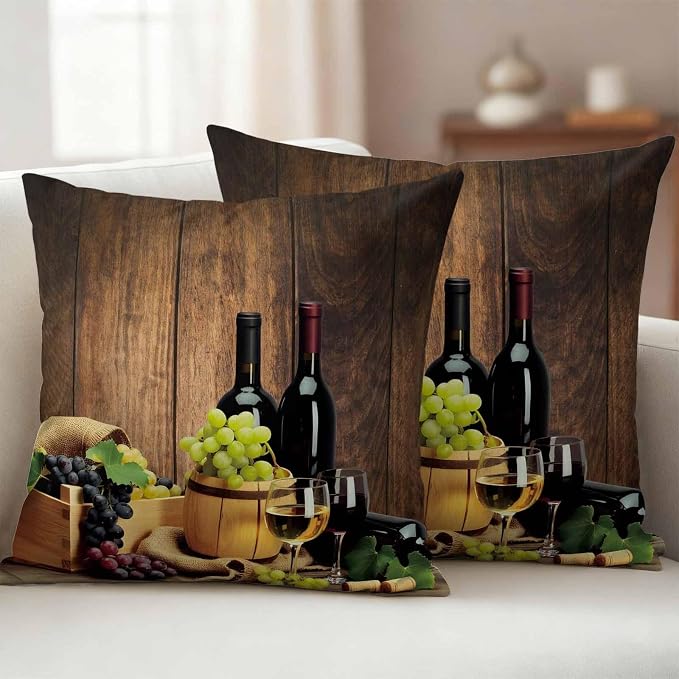 Outdoor Pillow Covers 24 x 24 Inches, Red Wines Waterproof Throw Pillow Cover Set of 2, Champagne Grapes Galsses Country Wooden Plank Decorative Square Cushion Covers for Patio/Couch/Garden