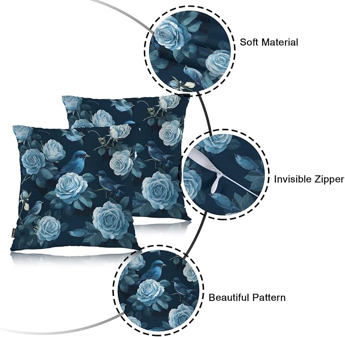 Swono Rose Set of 2 Decorative Throw Pillow Covers Cushion Case, Watercolor Blossom Roses Peony Farmhouse Pillowcase Cozy Pillow Cover for Couch Sofa Bed Garden Chair Car 18 X 18 Inch Blue