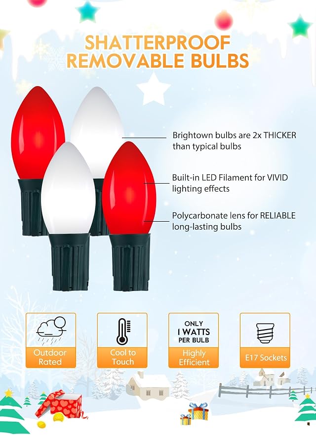 C9 Christmas Lights Outdoor, 100Ft 50 LED Red & Pure White String Lights | Waterproof Shatterproof Connectable Christmas Tree Lights for House Outside Roofline Patio Yard Home Xmas Decorations