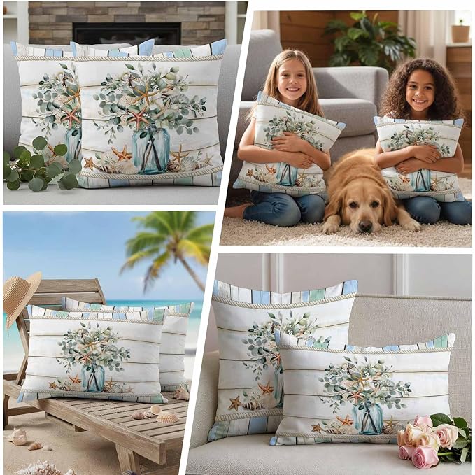 Green Eucalyptus Waterproof Outdoor Pillow Covers Set of 2 Home Decor, Botanical Floral Starfish in Vase Pillowcase Patio Pillow Covers for Couch Bench Furniture Garden 20x20in