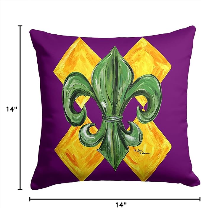 Caroline's Treasures 8133PW1414 Mardi Gras Fleur de lis Purple Green and Gold Fabric Decorative Pillow Machine Washable, Indoor Outdoor Decorative Pillow for Couch, Bed or Patio, 14Hx14W