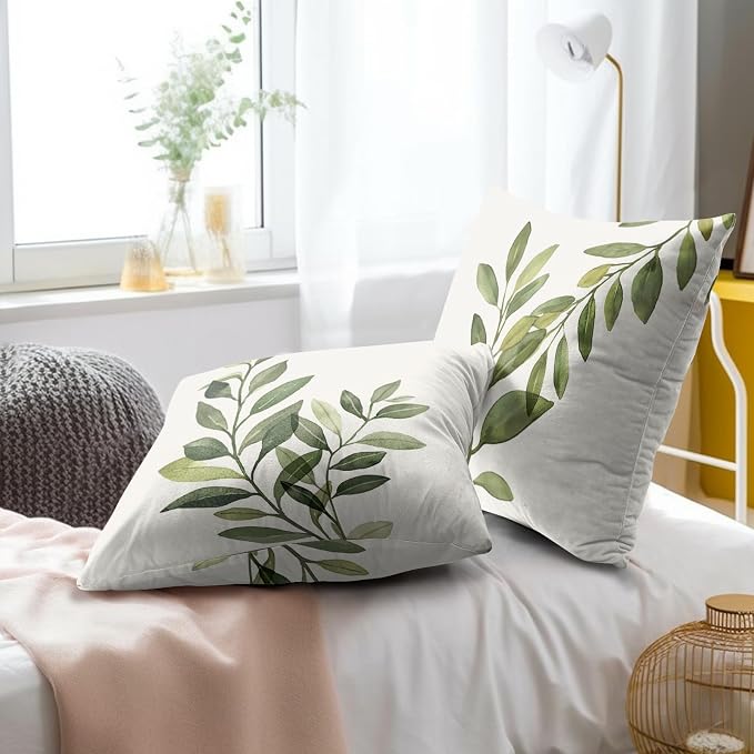 Sage Green Leaf Pillow Covers Set of 2, 20x20 Inch Rustic Spring Summer Plants Leaves Print Square Pillowcases for Living Room Bedroom Sofa Couch Patio Outdoor Home Decor