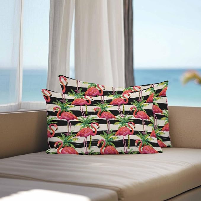 Vandarllin Outdoor Throw Pillows Covers 20x12 inch Set of 2 Waterproof Flamingo Decorative Zippered Cushion Covers for Patio Furniture, Tropical Palm Leaves Black Stripe Linen Lumbar Pillowcases