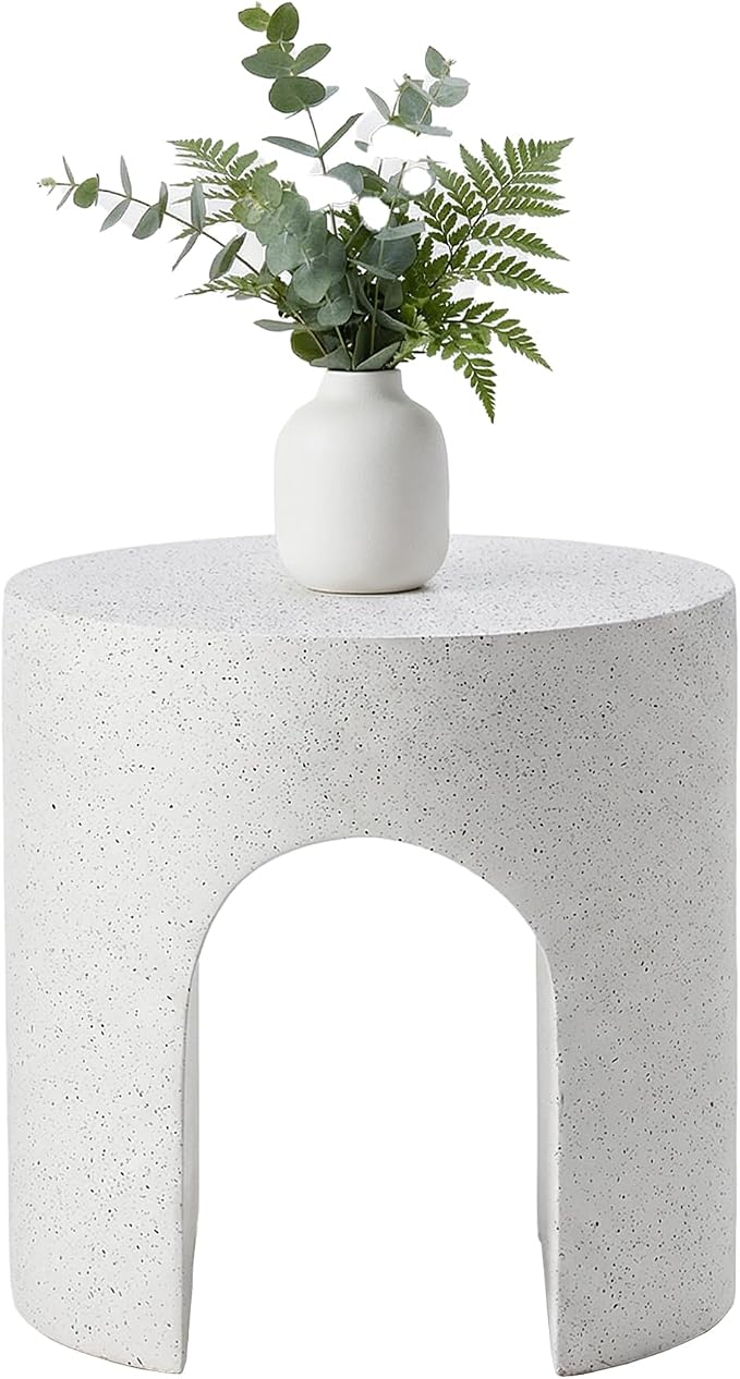 HOMPUS Outdoor Side Table w Hollow Arch, Concrete End Table, Round Patio MgO Coffee Lightweight Table, Modern Accent Vintage Garden Planter Stand for Indoor Outdoor Use, Spotted White