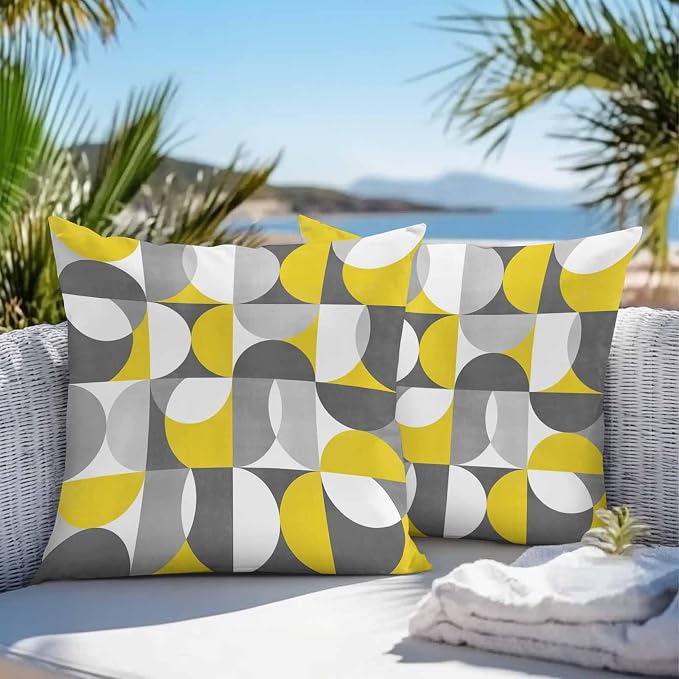 Vandarllin Outdoor Throw Pillows Covers 26x26 inch Set of 2 Waterproof Mid Century Geometric Decorative Zippered Cushion Covers for Patio Furniture, Abstract Modern Yellow Gray Lumbar Pillowcases