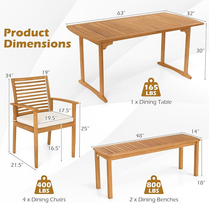 HAPPYGRILL 6 Pieces Acacia Wood Outdoor Dining Set for 6 People, Patio Table & 4 Chairs & 1 Bench Set with Umbrella Hole, Outside Picnic Furniture