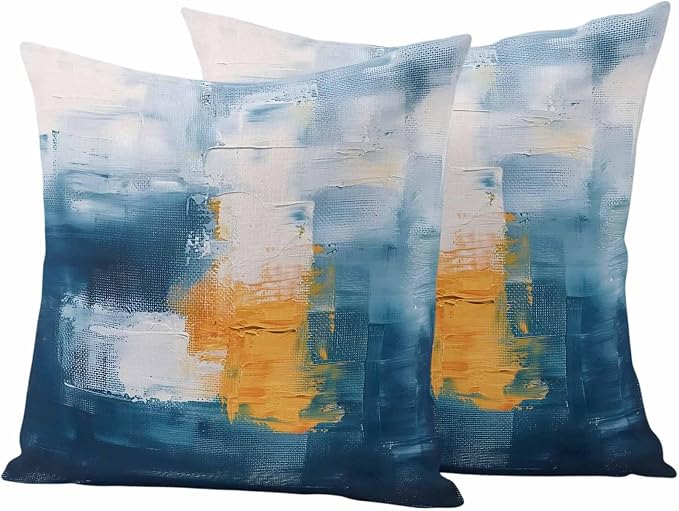 Blue Yellow Outdoor Waterproof Throw Pillow Covers Set of 2, 24"x24", Abstract Oil Painting Decorative Pillow Covers Outside Cushion Case for Patio Porch Garden