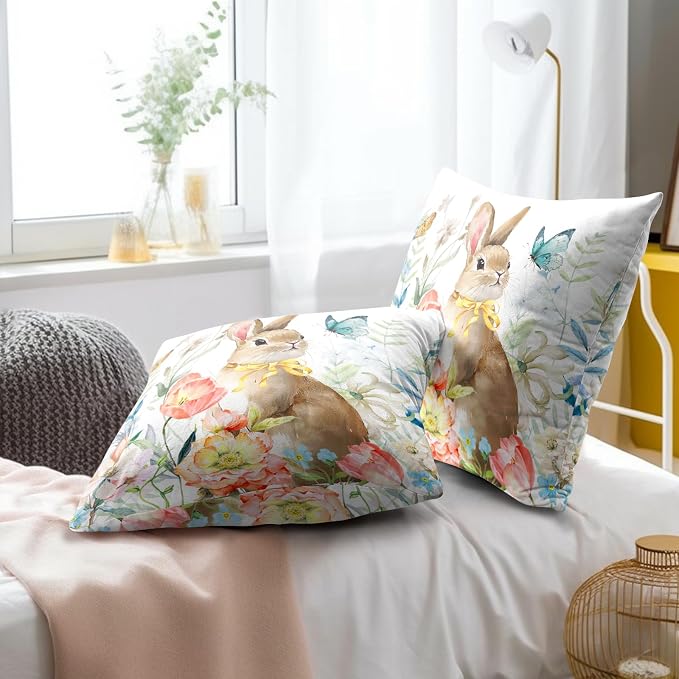Easter Pillow Covers 20x20 Spring Easter Bunny Painting Decorative Throw Pillowcase Rabbit Floral Summer Square Couch Cushion Cover for Living Room Sofa Accent Home Decor, Set of 3